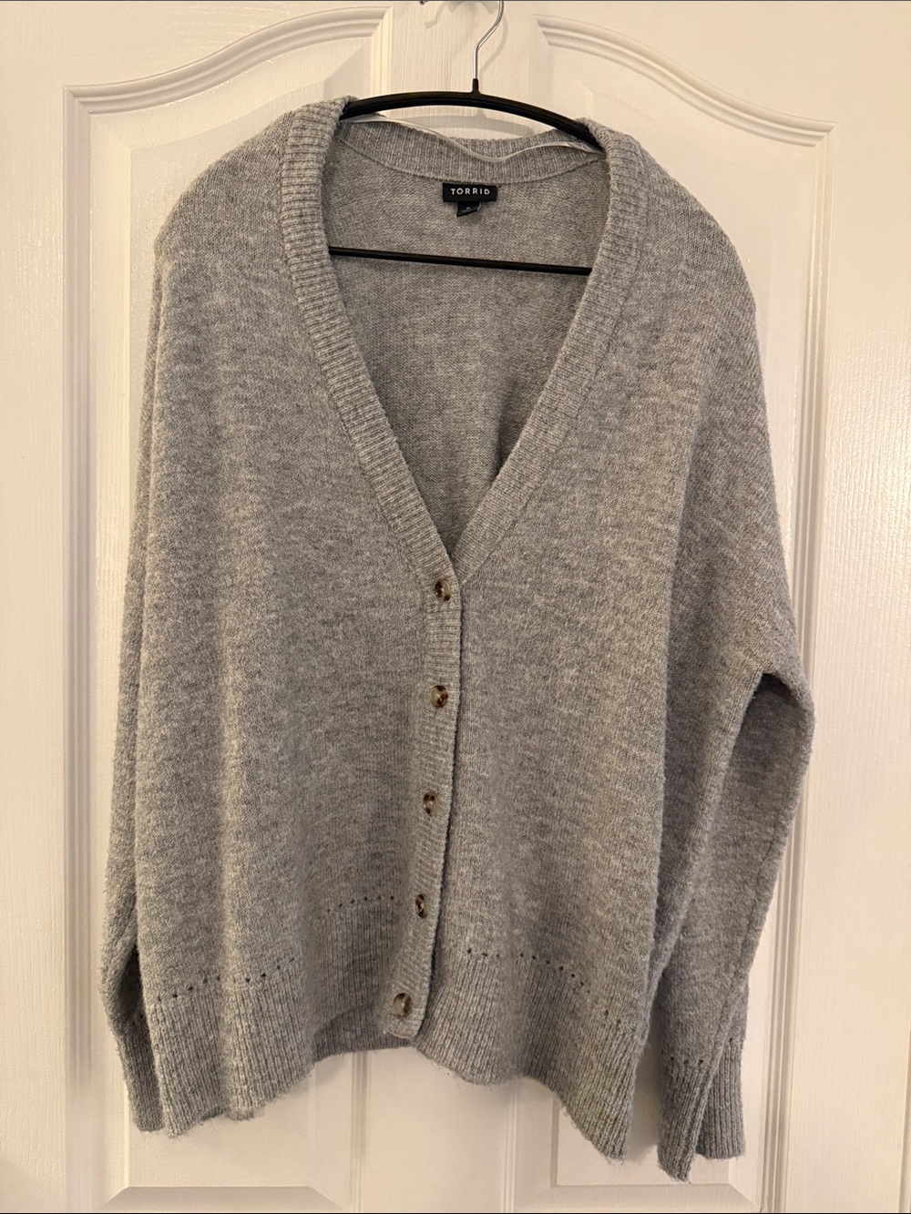 Torrid V-neck cardigan featuring dark tortoiseshell-style buttons.